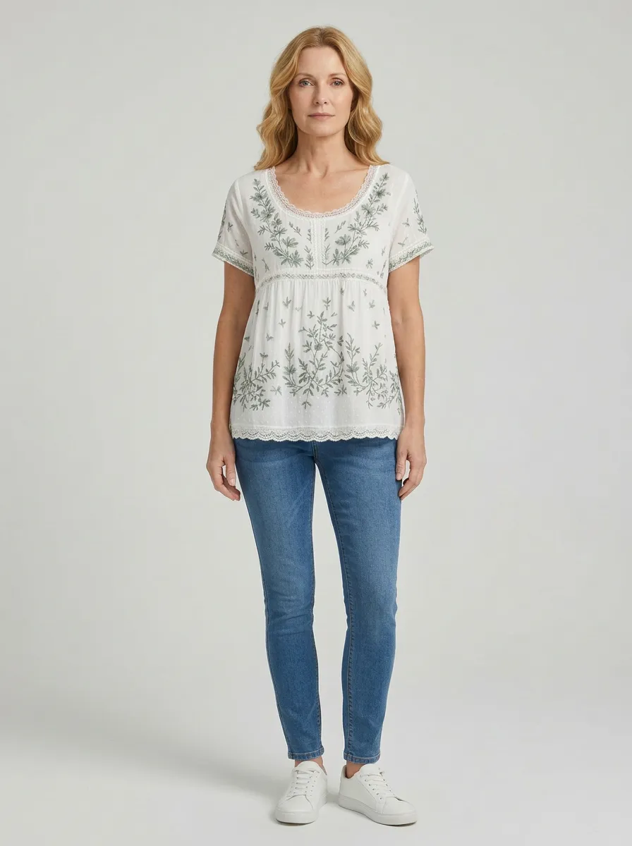 Women's Boho Floral Green Embroidered Lace Trim Short Sleeve Shirt