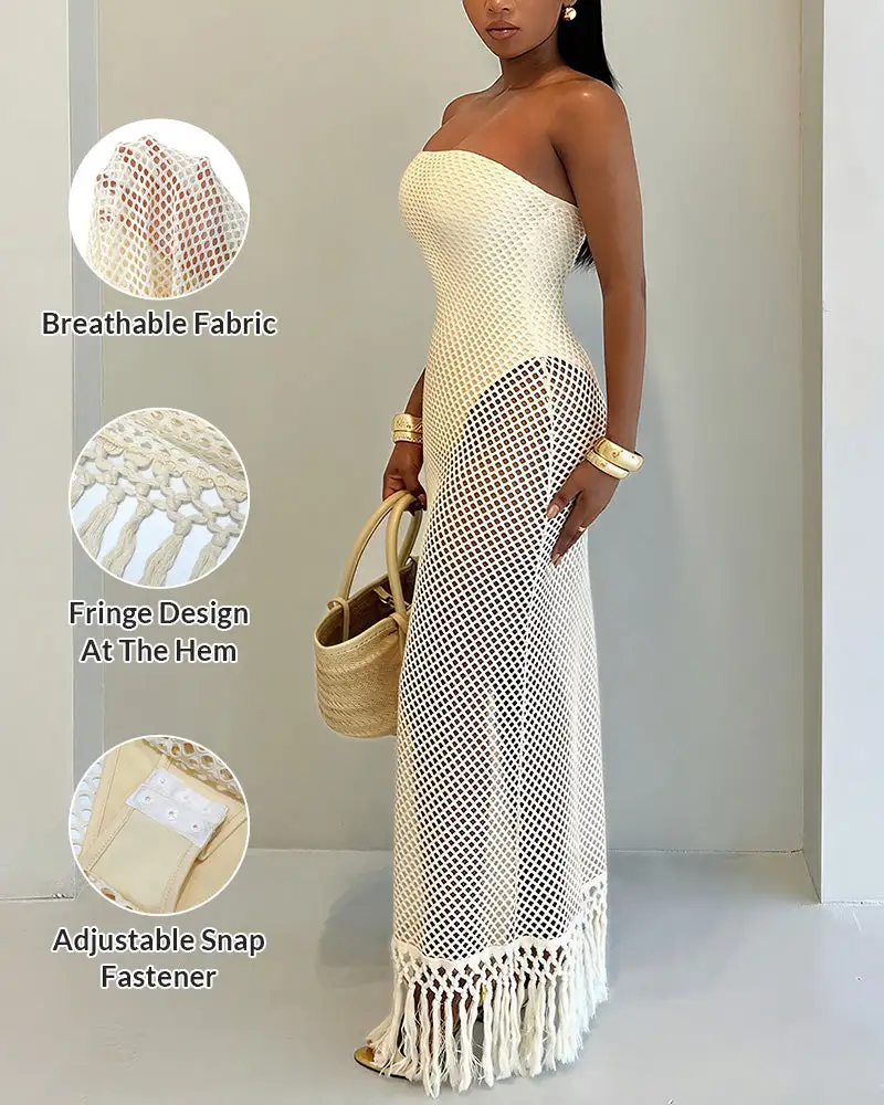 Strapless Crochet Hollow Out Fringe Maxi Dress Cover Up