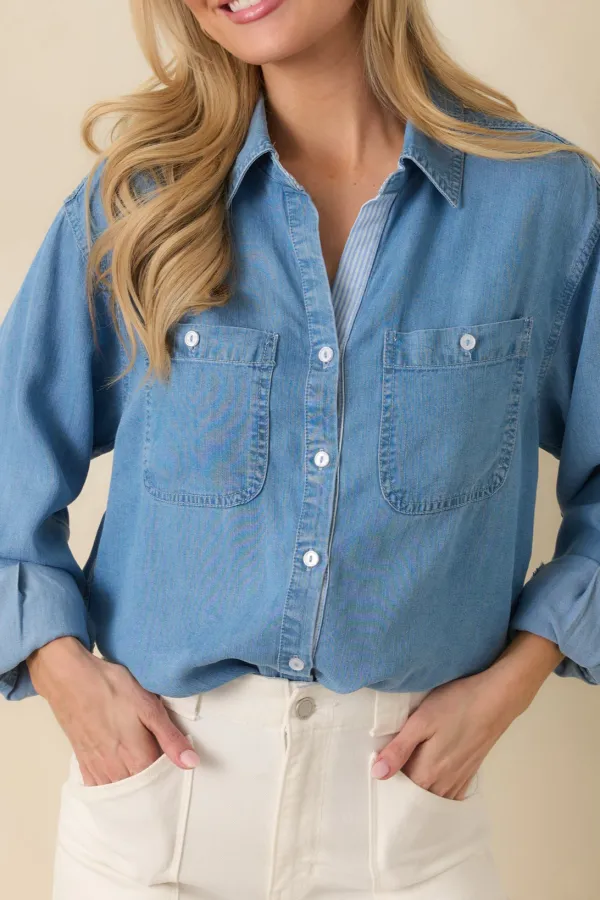 Denim Plaid Button Front Blouse