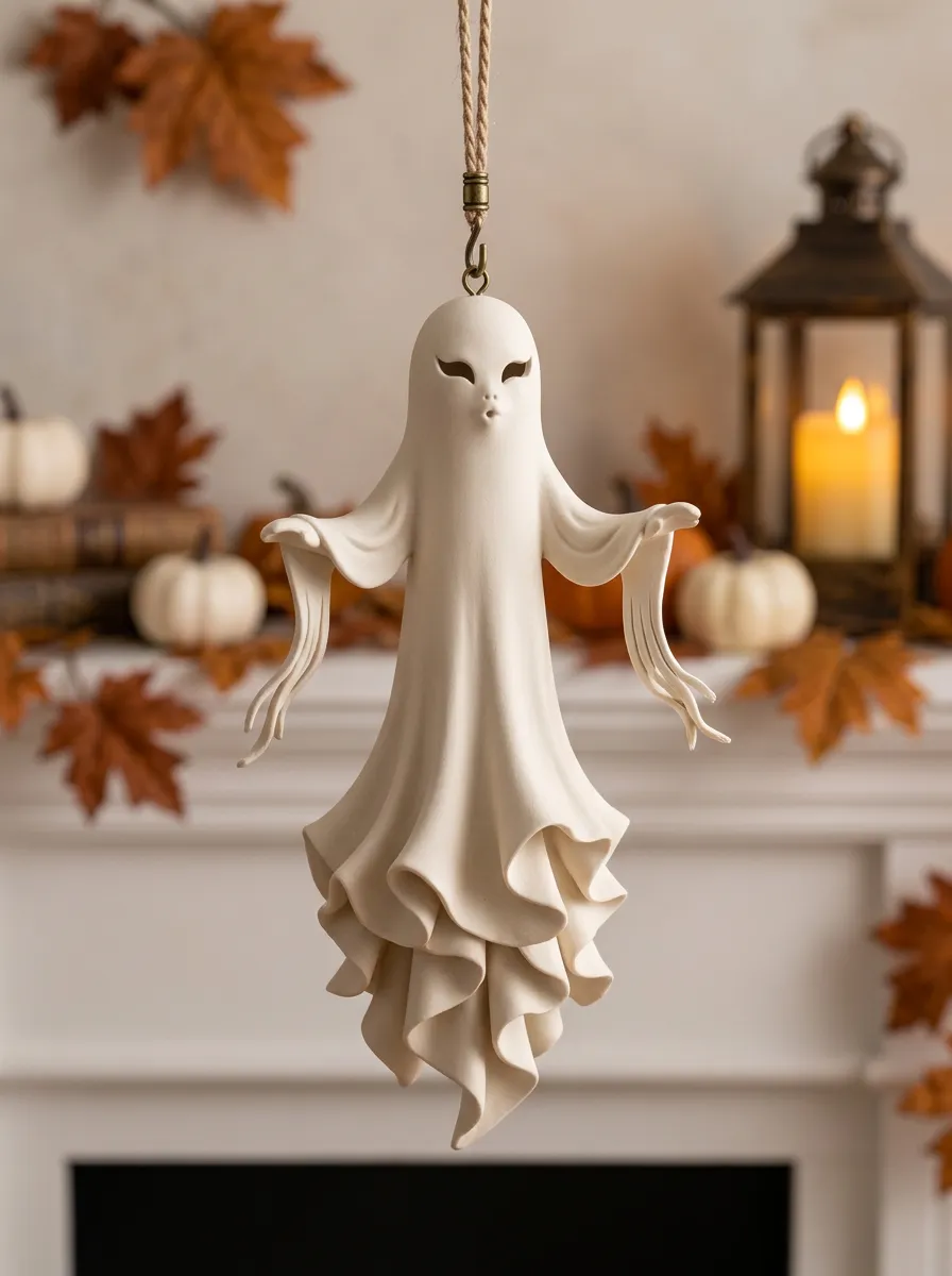 Halloween Sculpted Spooky Ghost Ceramic Hanging Ornament