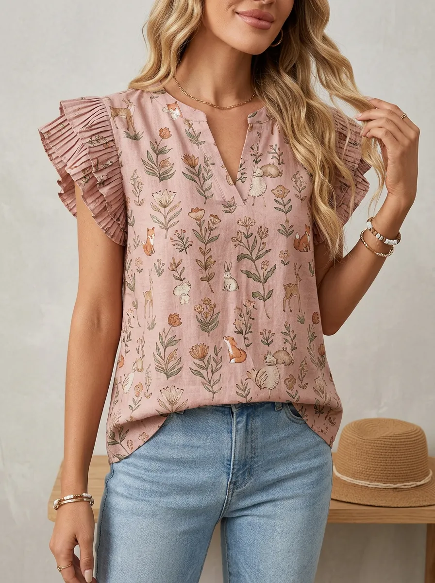 Floral Woodland Ruffle Women's Loose Printed Blouse