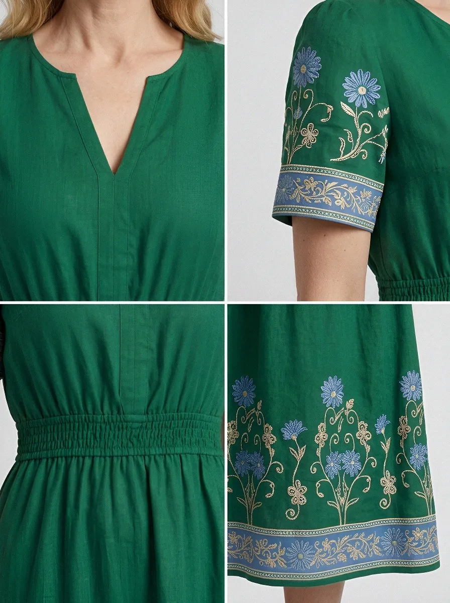 Women's Summer Vacation Blue Floral Embroidered Printed Dress
