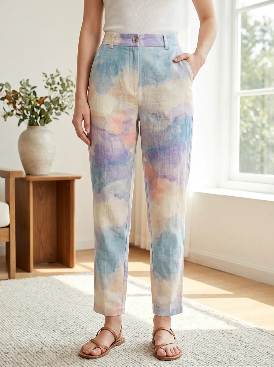 Women's Pastel Watercolor Cloud Printed Trousers