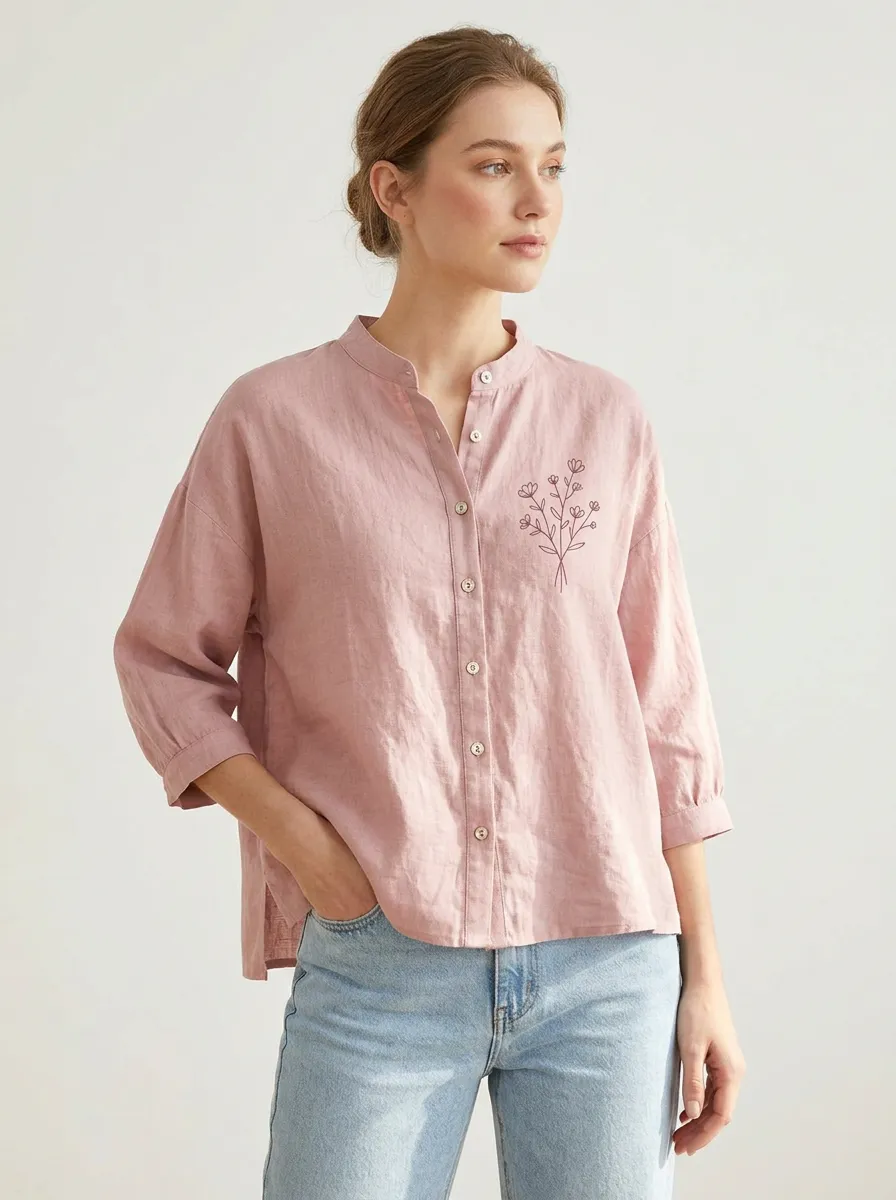 Women's Minimalist Floral Botanical Printed Pink Cotton And Linen Shirt