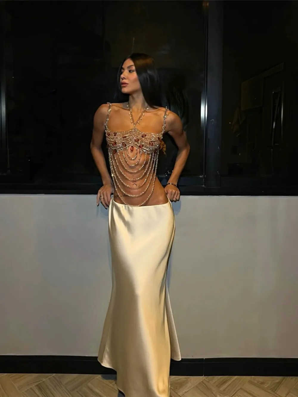 Aurora Gold Rhinestone Body Chain Top