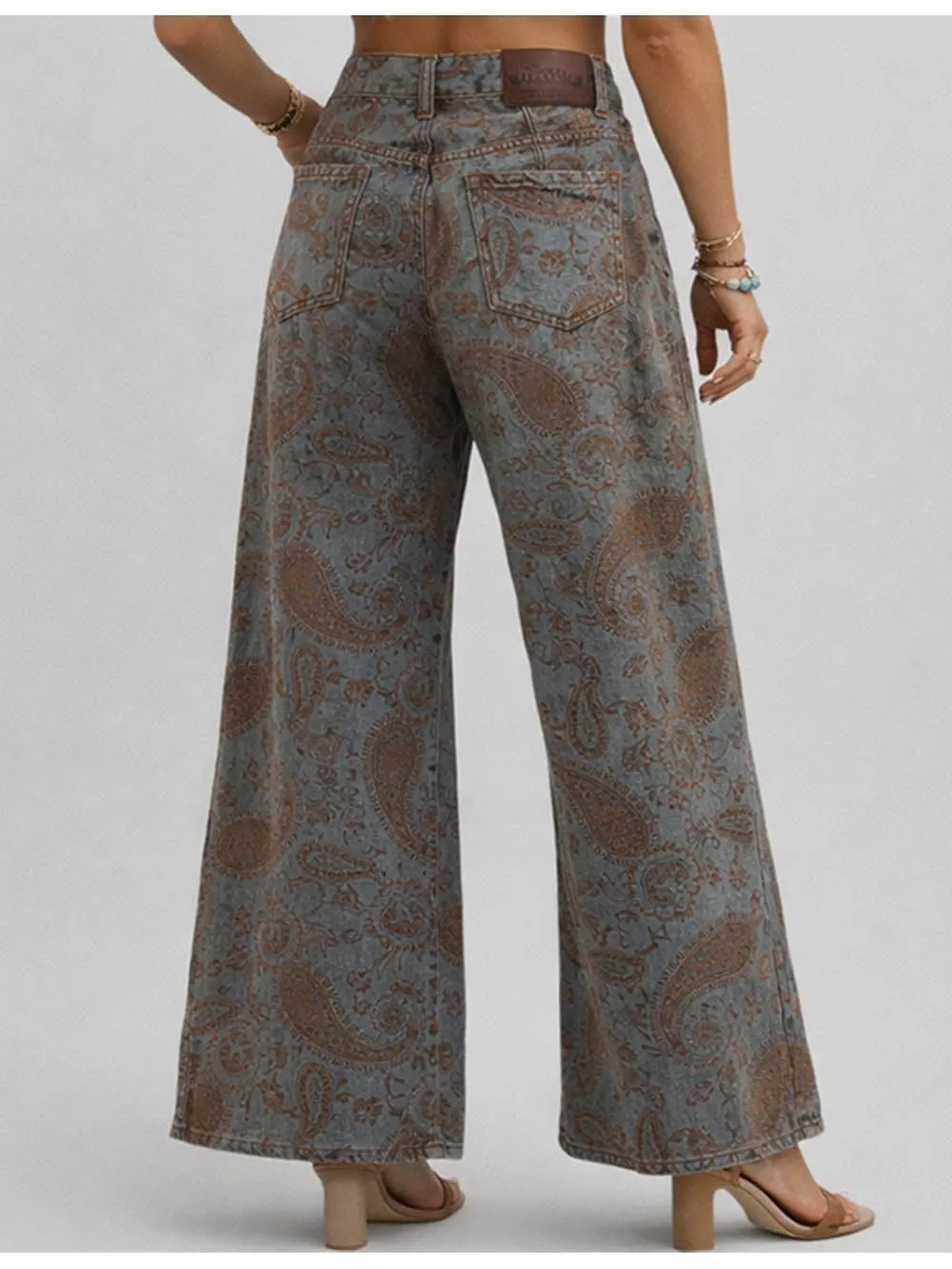 Flocked Paisley Jacquard Button Waist Wide Leg Denim Pants