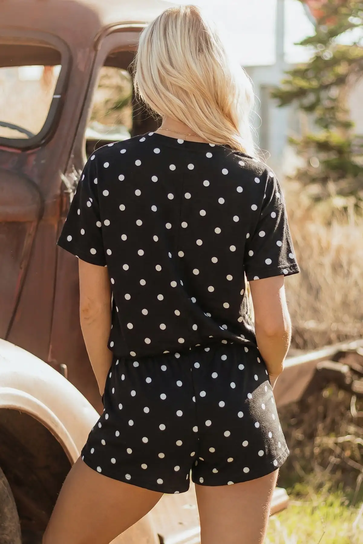 Refined Drawstring Polka-Dot Two-Piece Tee and Shorts Set
