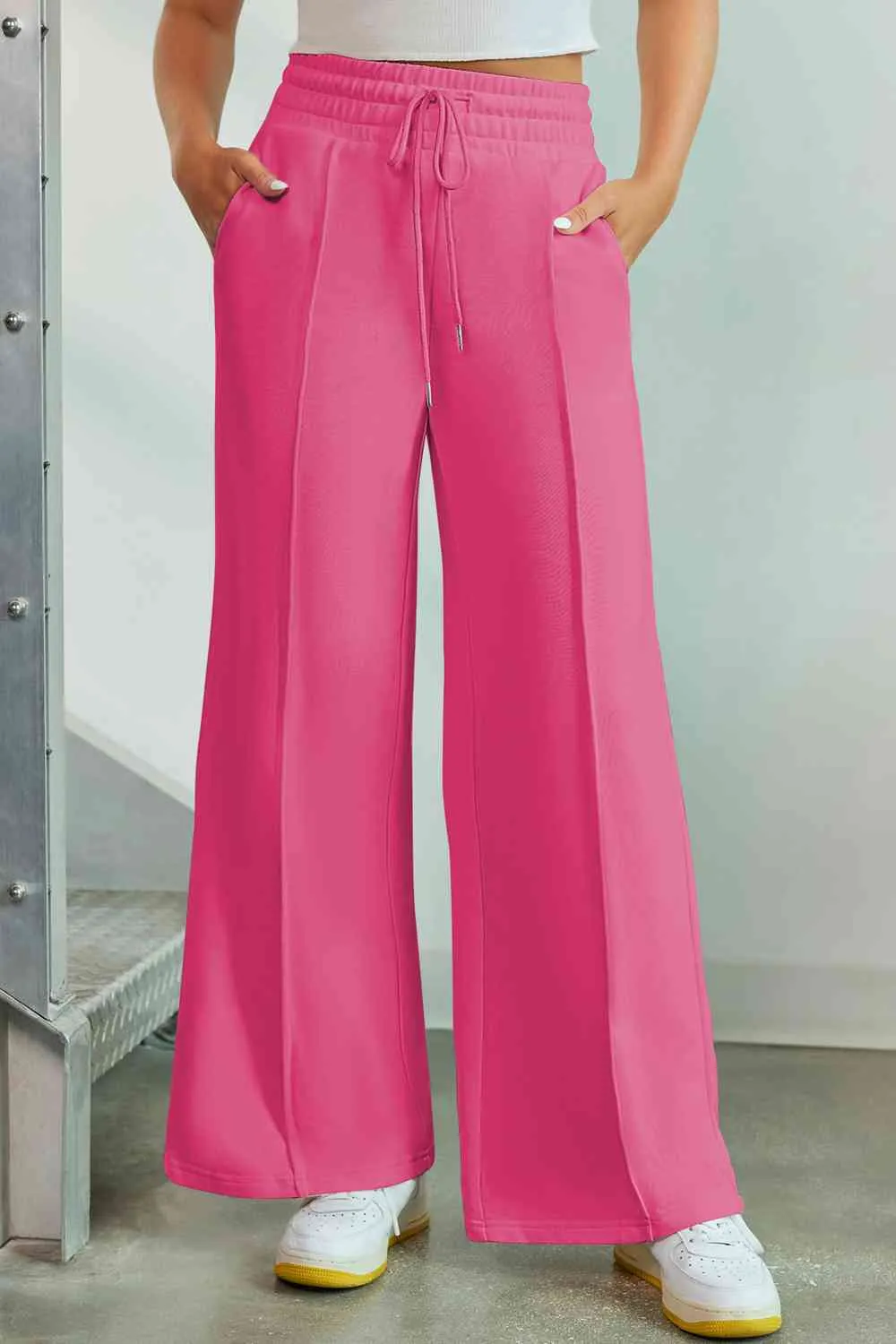 Polished Drawstring Wide Leg Pants With Pocket