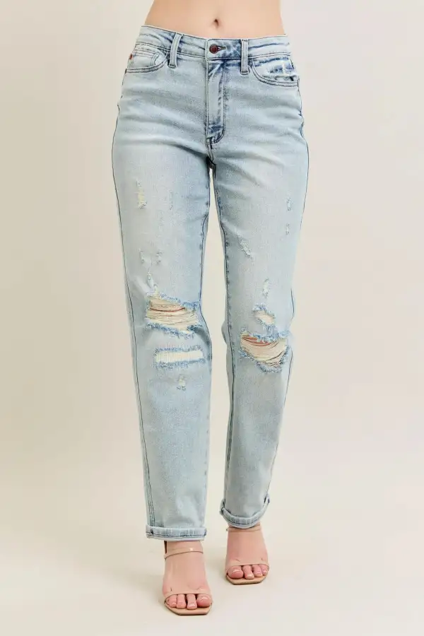 Full Size  Stitch Detail Destroy Single Cuff Bf Jeans Plus Size