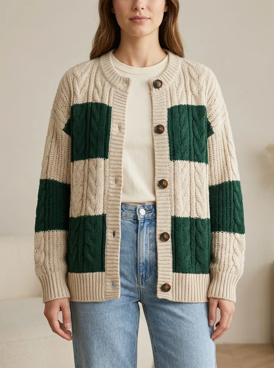 Rugby Color Block Cable Knit Cardigan