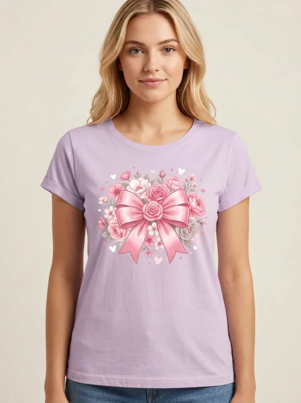 Women's Breast Cancer Awareness Pink Bow Floral Printed T-shirt