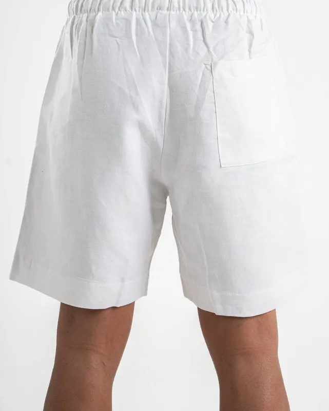 White Linen Blend Pull On Shorts