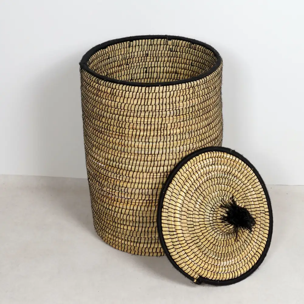 Wool Embroidered Lidded Reed Basket