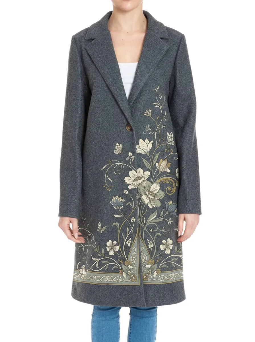 Women's Floral Butterfly Botanical Printed Wool Coat