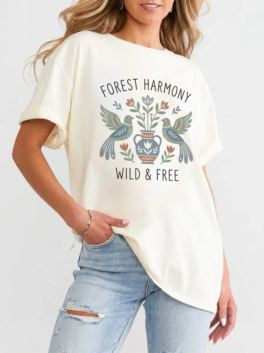 Women's Nature Lover Forest Harmony Bird Floral Printed T-shirt
