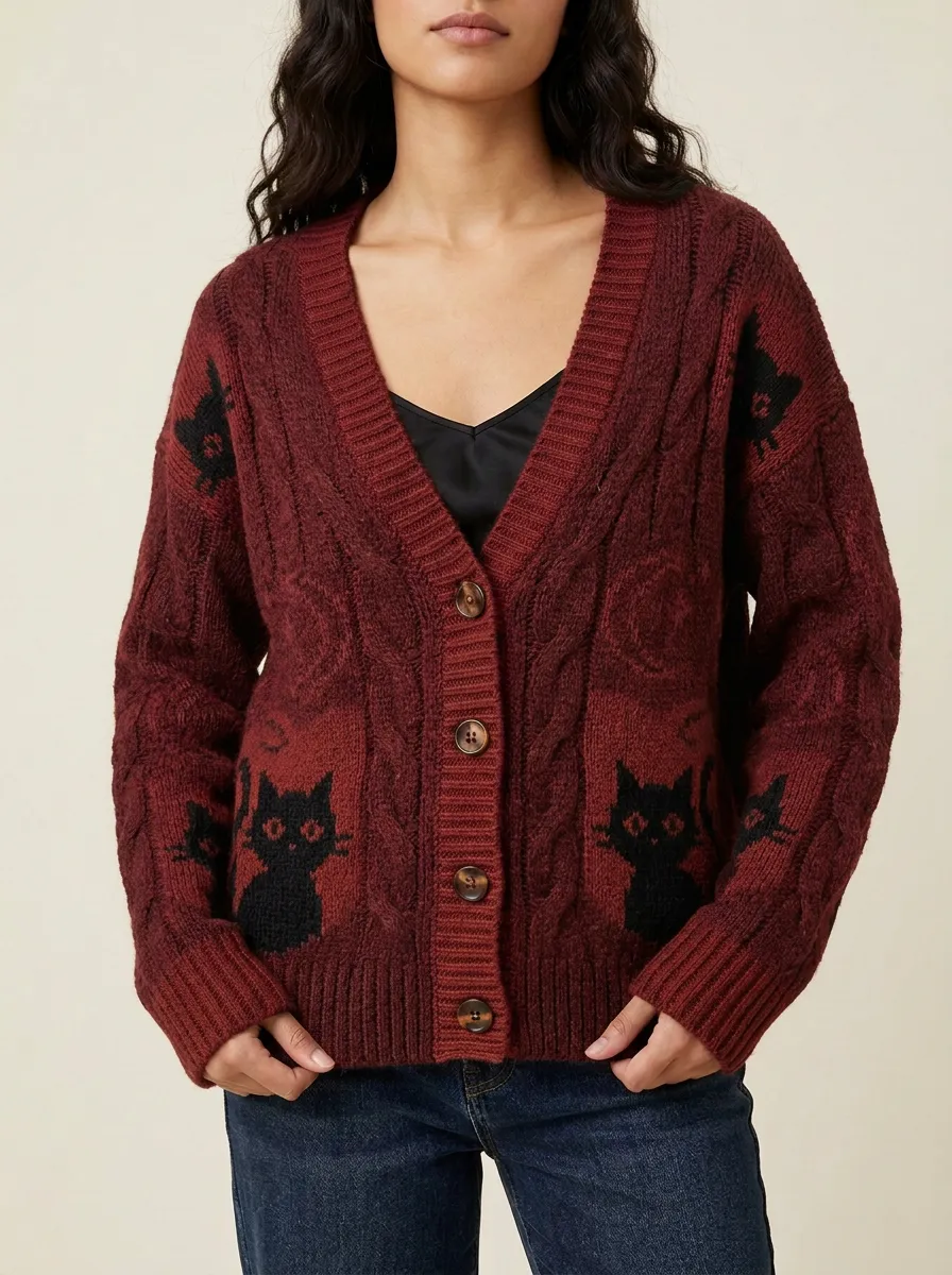 Women's Halloween Black Cat Moon Pattern Knitted Cardigan