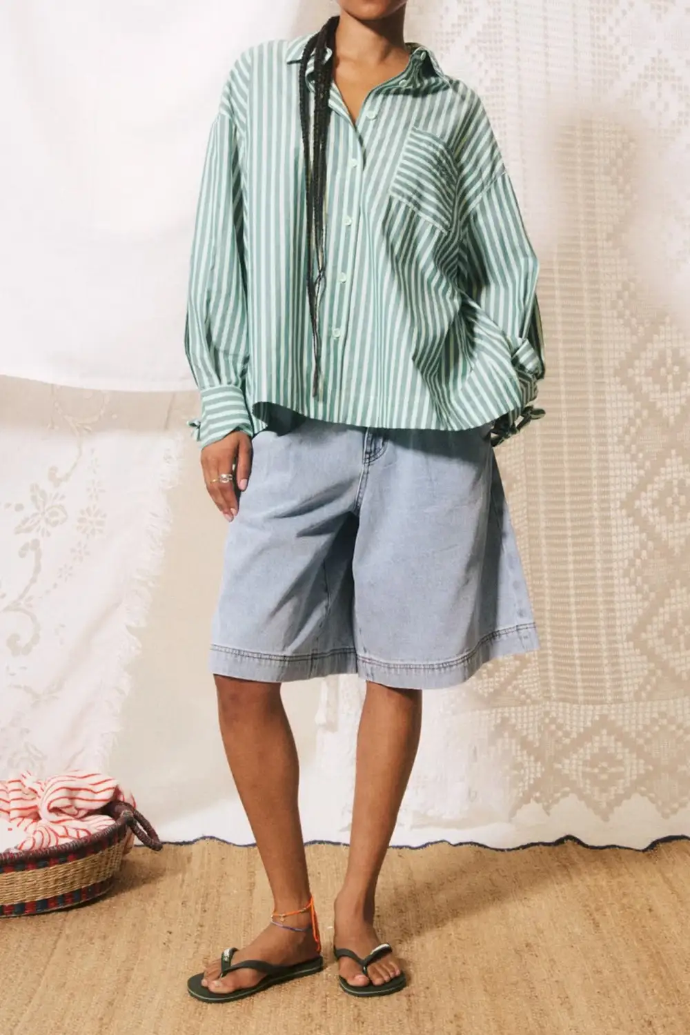 Striped Embroidered Button Front Collared Lightweight Shirt