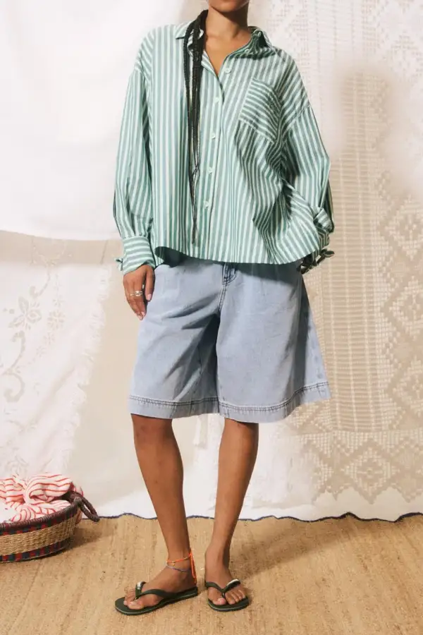 Striped Embroidered Button Front Collared Lightweight Shirt