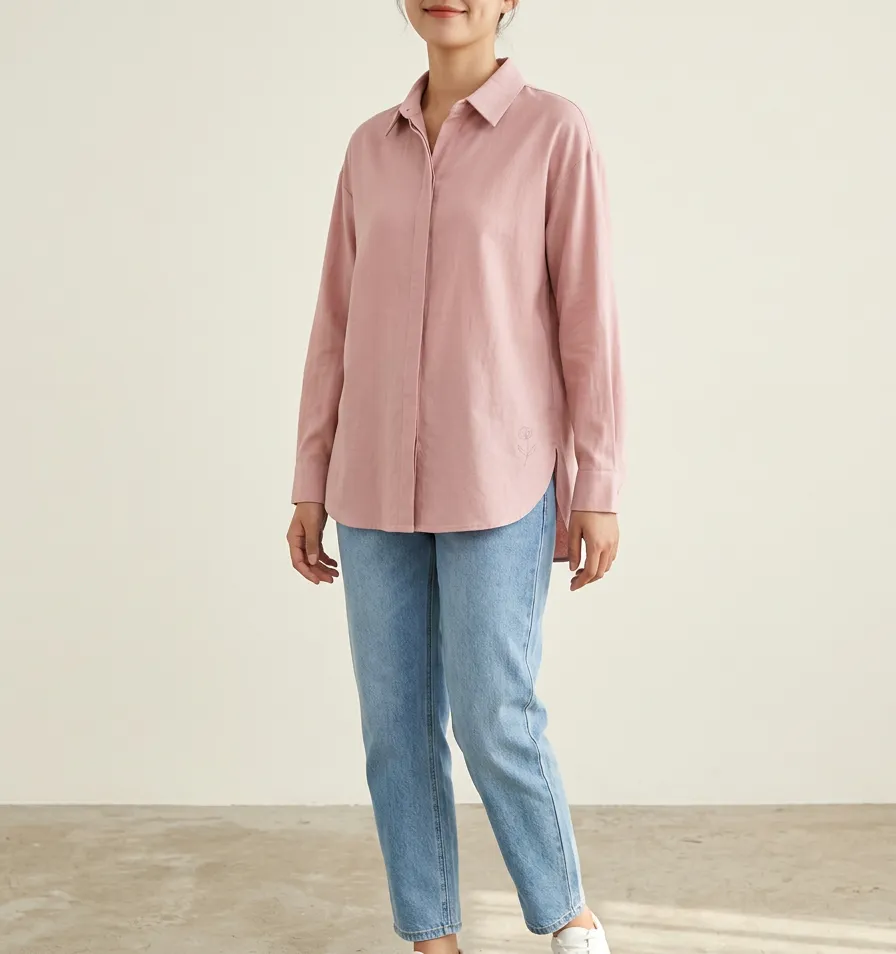Women's Minimalist Floral Embroidered Pink Button-Down Shirt