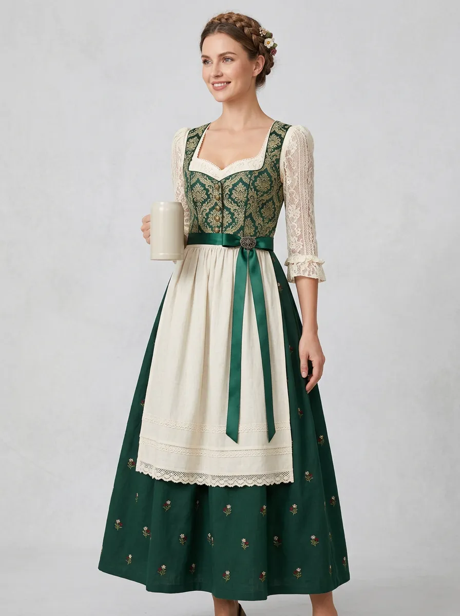 Floral Embroidered Square Neck Damask Traditional Women's Bavarian Oktoberfest Dirndl Dress