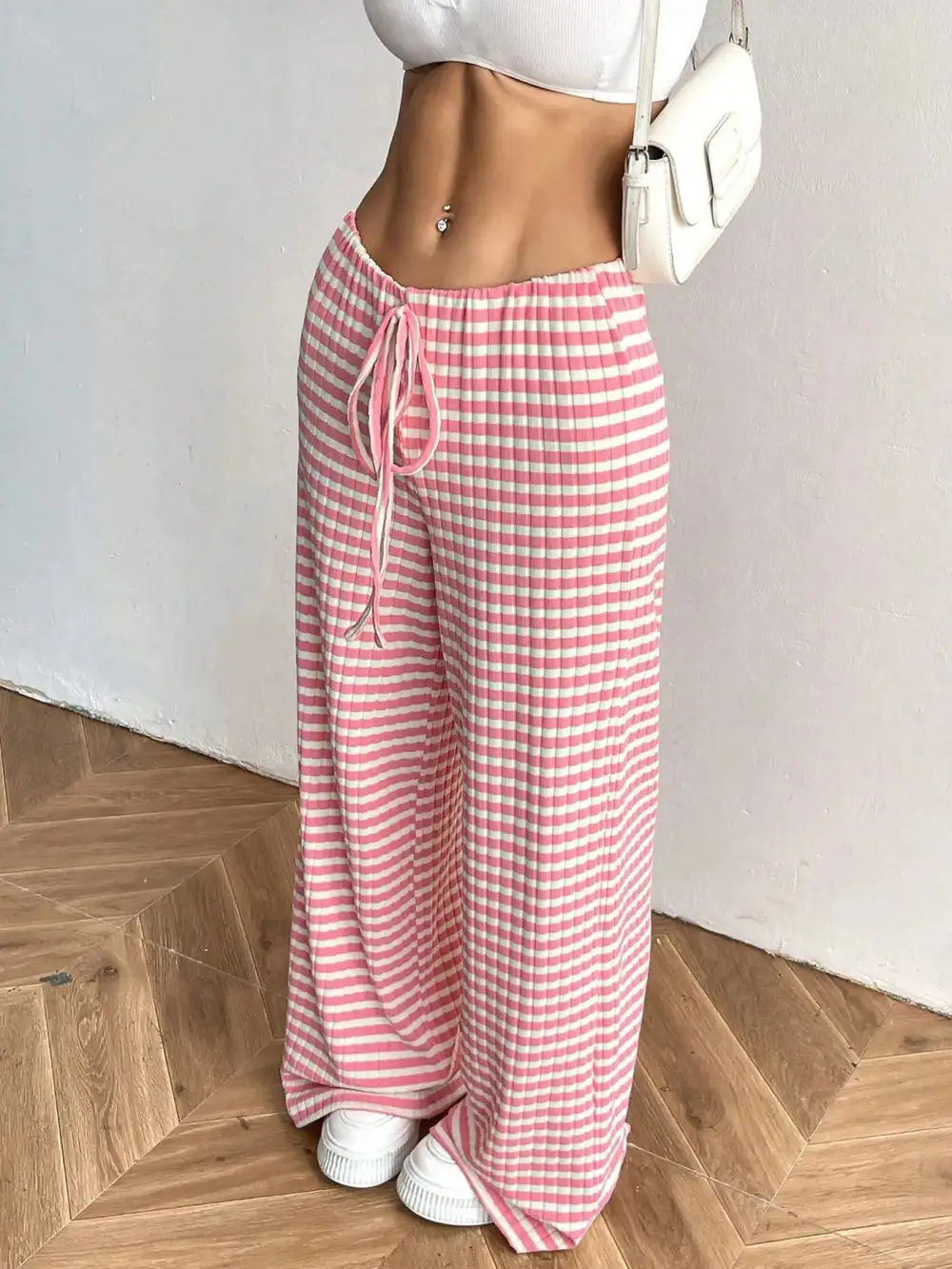 Wide Leg Drawstring Striped Casual Pants
