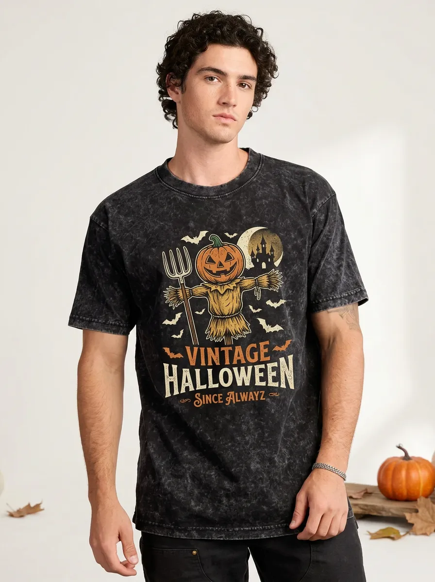 Men's Halloween Scarecrow Pumpkin Printed Acid Wash T-shirt