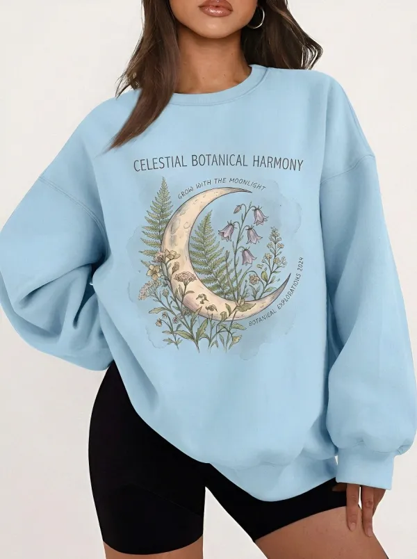 Women's Celestial Botanical Moon Fern Printed Sweatshirt