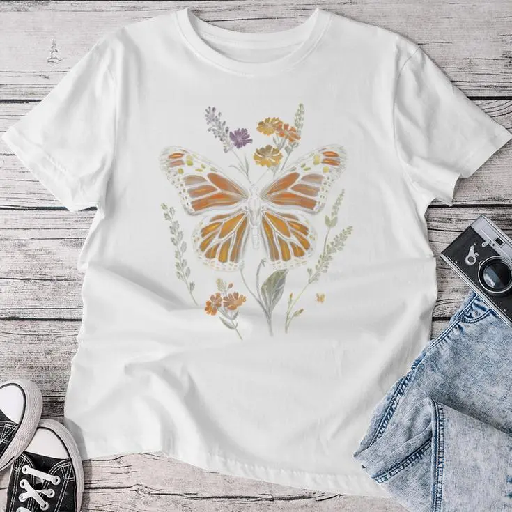 Vintage Monarch Butterfly Verbena Flower Women T-shirt