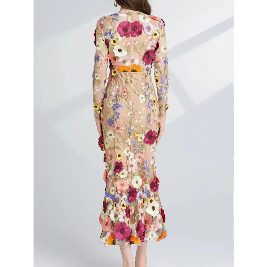 Embroidered Mesh Long Sleeve Midi Dress