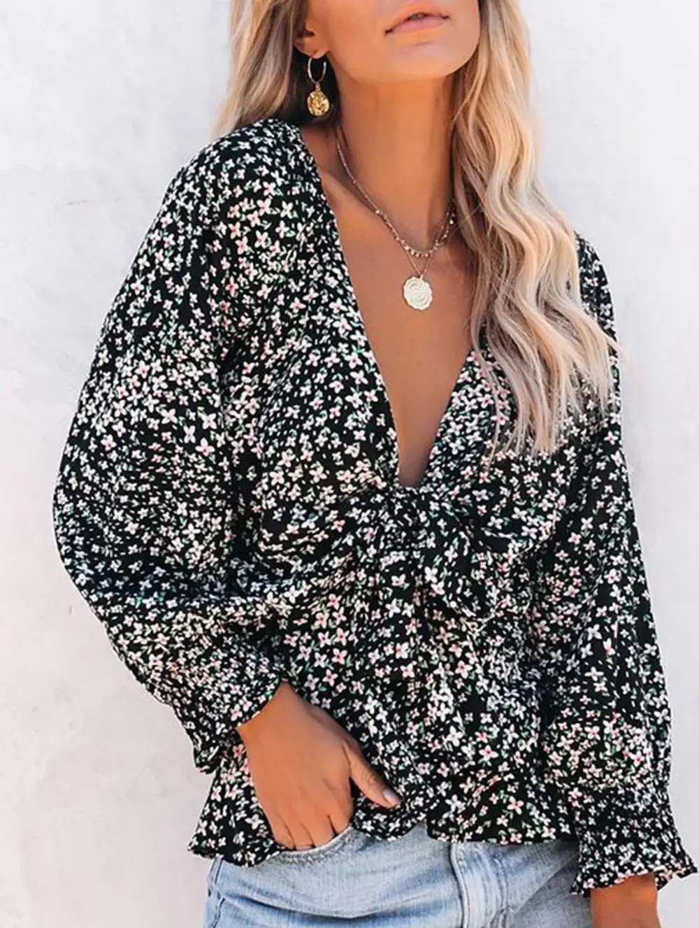 Floral Print V Neck Tie Waist Blouse