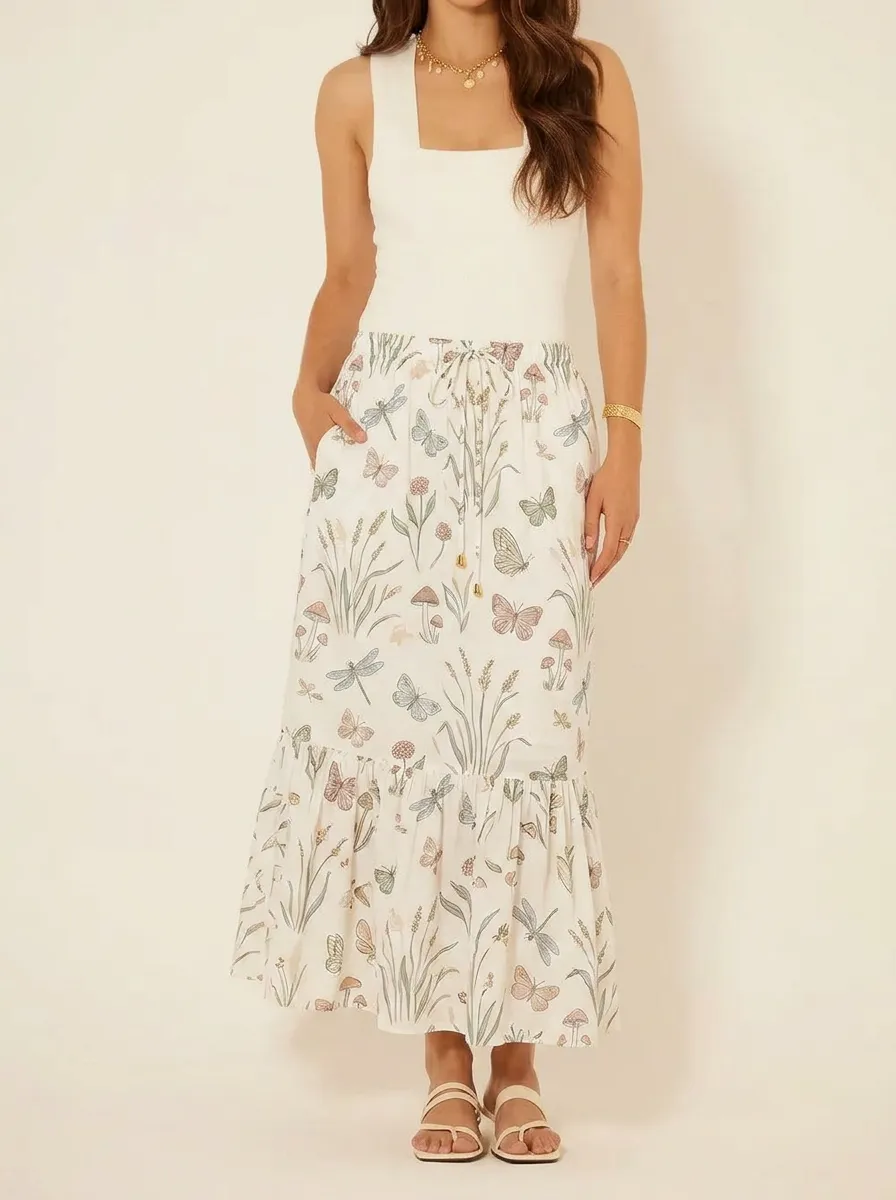 Women's Nature Lover Butterfly Mushroom Printed Midi Skirt