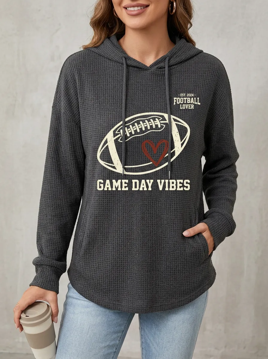 Women's Football Lover Game Day Vibes Heart Printed Waffle Hoodie