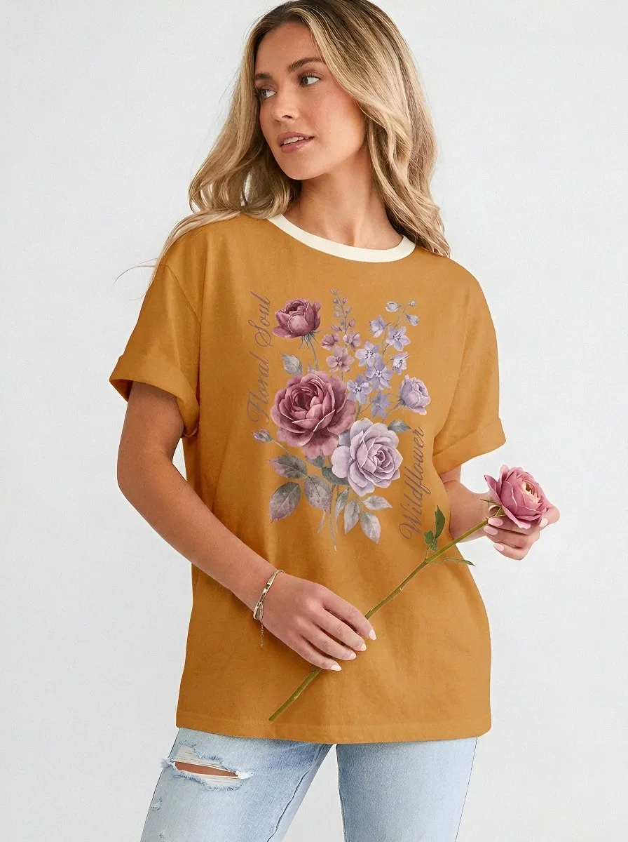 Women's Floral Soul Wildflower Rose Bouquet Printed T-shirt
