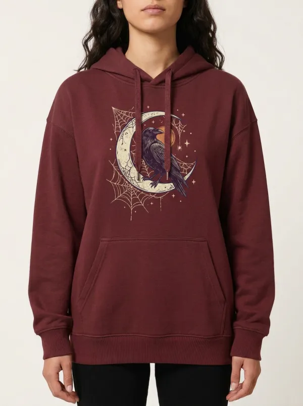 Women's Halloween Gothic Raven Moon Spiderweb Printed Hoodie
