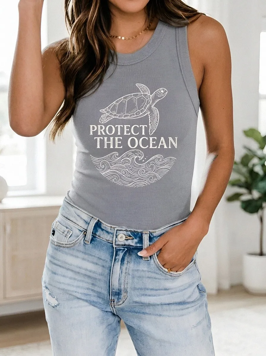 Women's Ocean Lover Sea Turtle Protect The Ocean Printed Tank Top