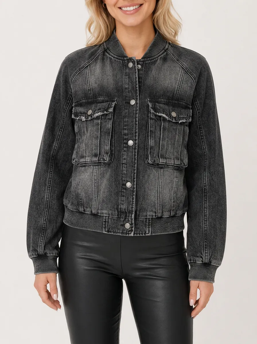 Women's Vintage Washed Black Denim Bomber Jacket