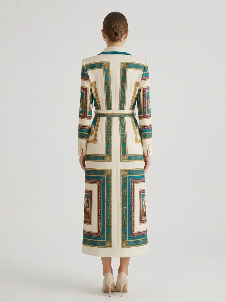 Women's Baroque Vintage Frame Pattern Printed Long Blazer Coat