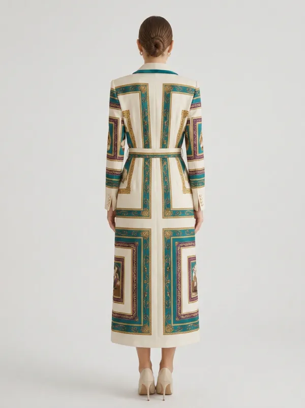 Women's Baroque Vintage Frame Pattern Printed Long Blazer Coat