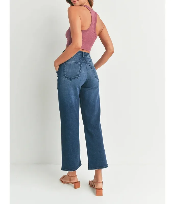 Blue Cotton Blend Wide Leg High Rise Jeans