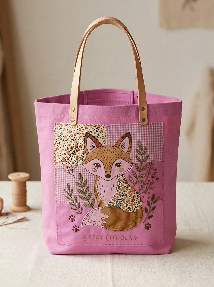 Fox Lover Stay Curious Floral Patchwork Printed Tote Bag