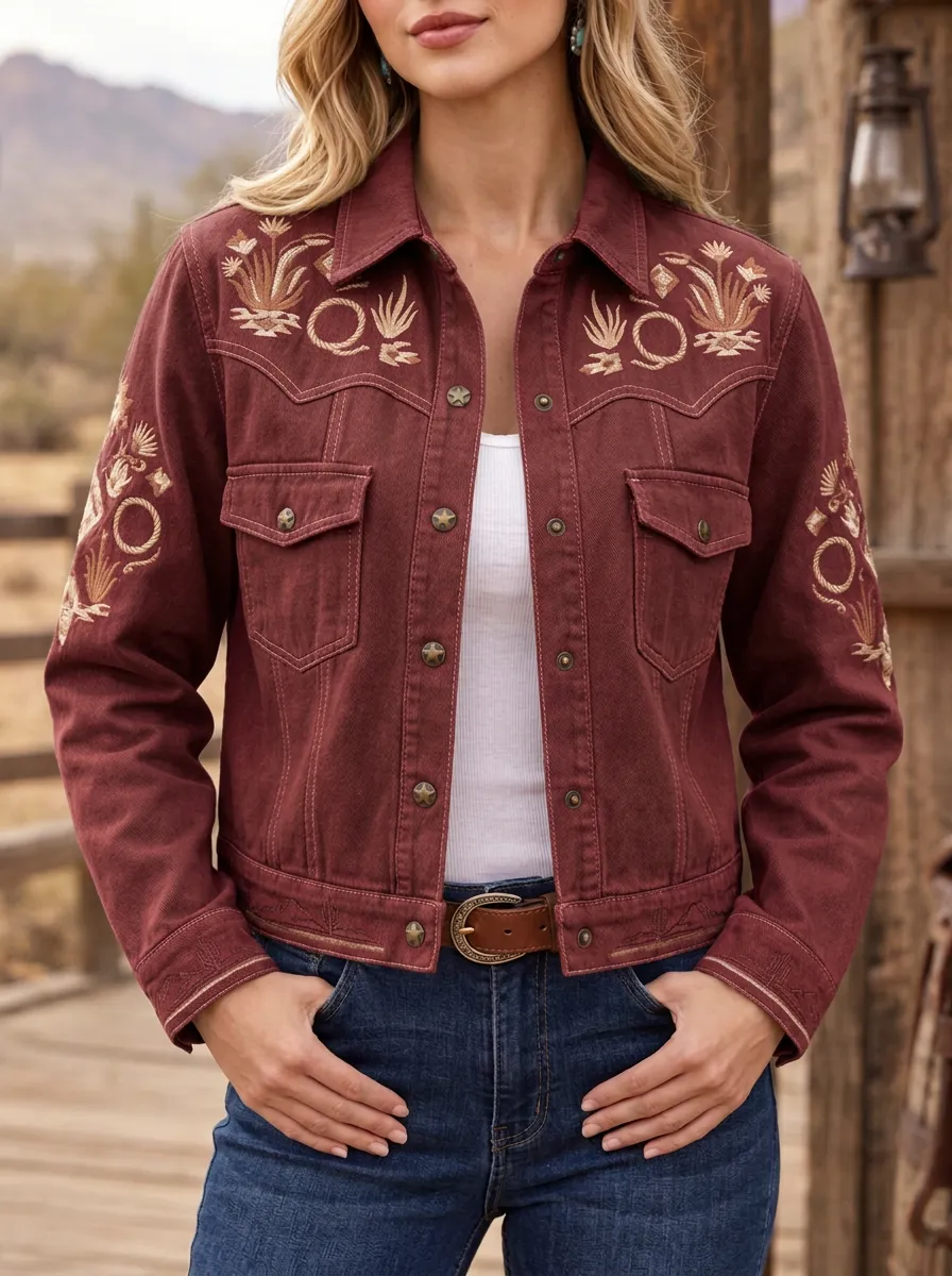 Women's Western Cowboy Cactus Rope Embroidered Denim Jacket