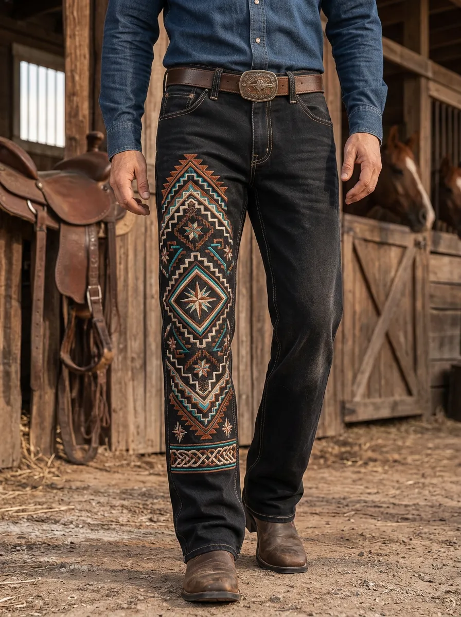 Men's Accent Geometry Thigh Embroidered Jeans