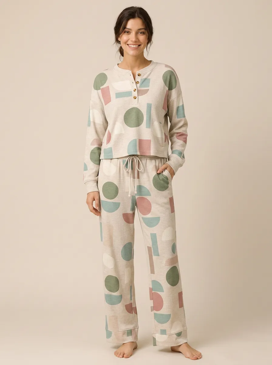 Women's Geometric Abstract Pattern Printed Waffle Knit Lounge Set