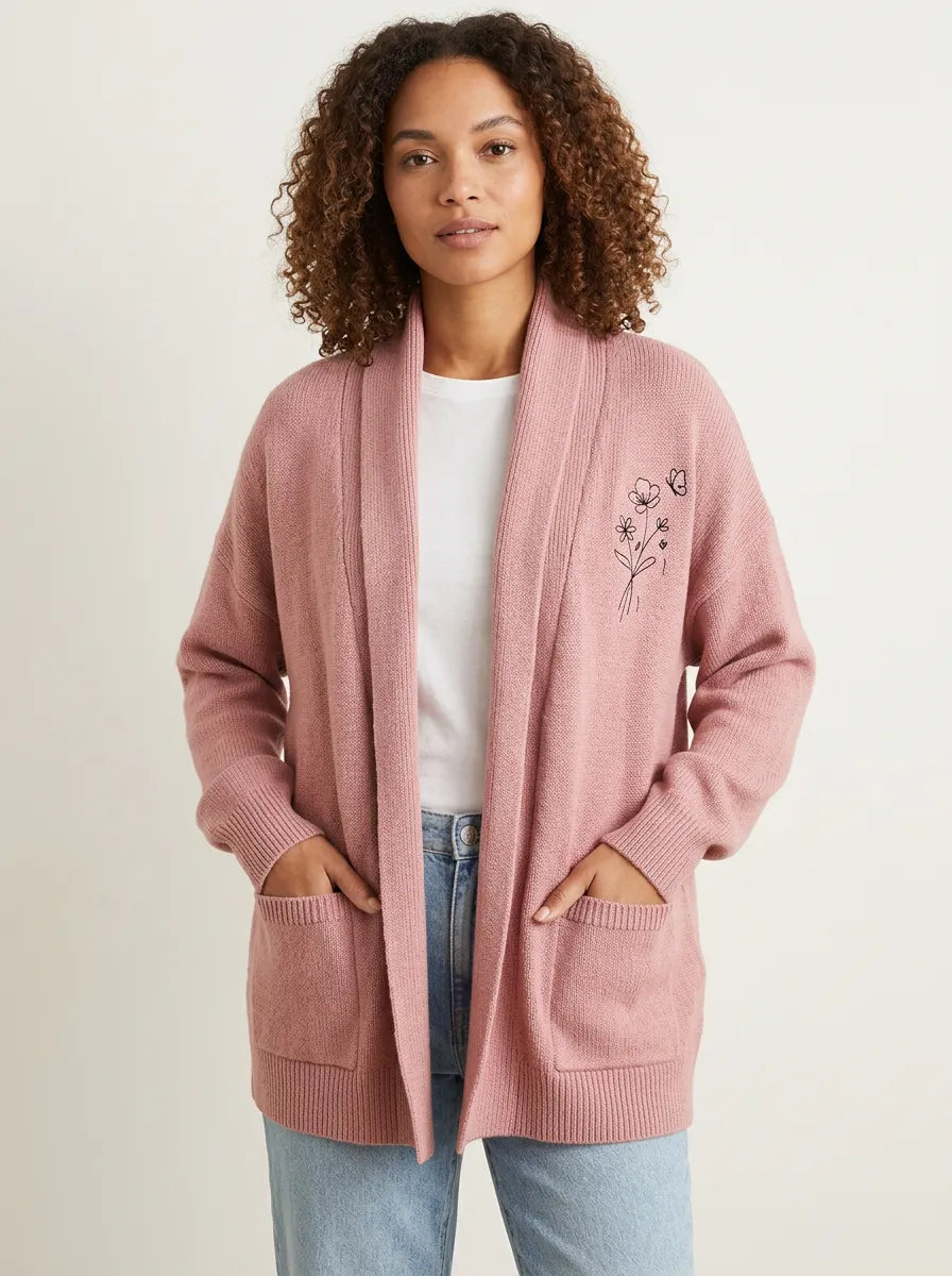 Pink Butterfly Floral Line Art Print Cardigan