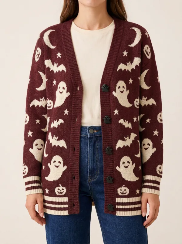 Women's Halloween Ghost Bat Pumpkin Moon Patterned Knit Cardigan