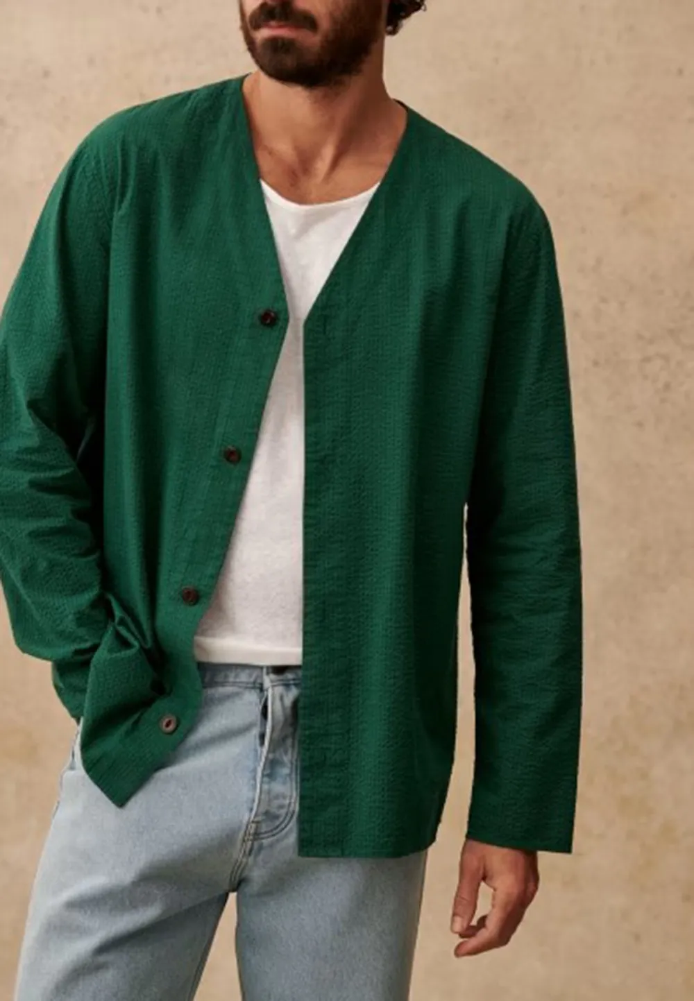 Green Seersucker V-Neck Button Front Jacket