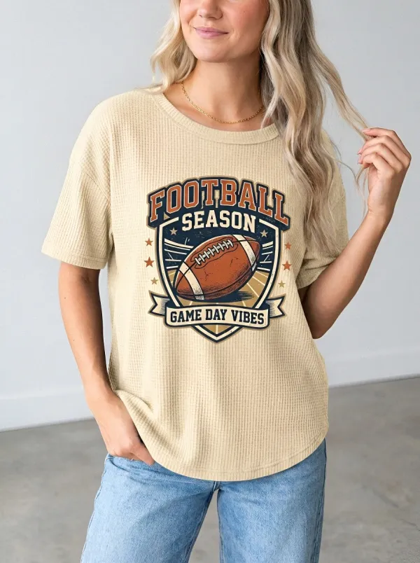 Women's Football Season Game Day Vibes Printed Waffle T-Shirt