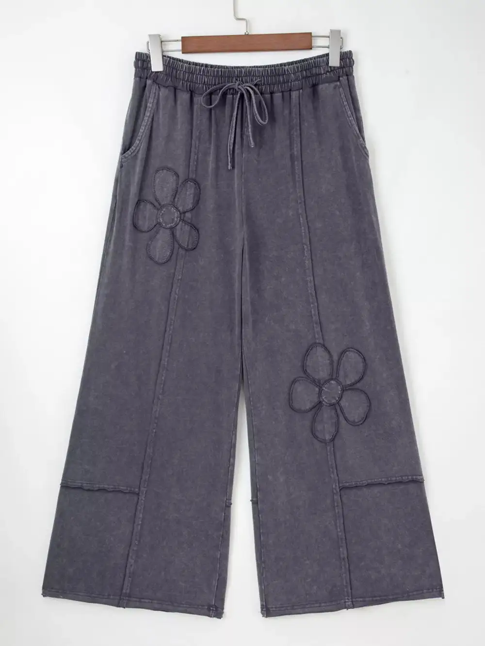 Knit Floral Drawstring Wide Leg Casual Pants
