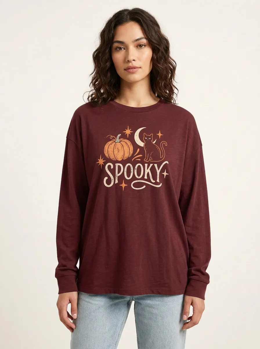 Women's Halloween Spooky Pumpkin Cat Moon Printed Long Sleeve T-shirt