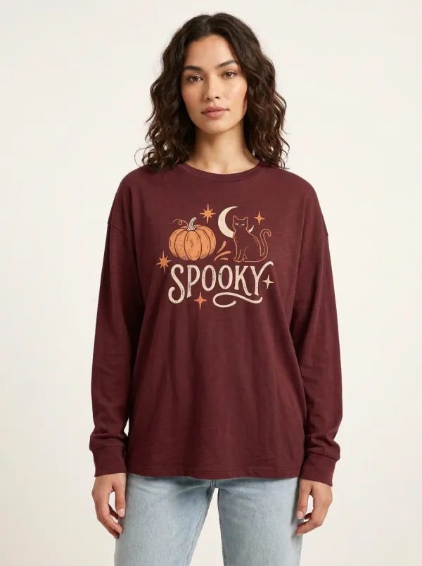 Women's Halloween Spooky Pumpkin Cat Moon Printed Long Sleeve T-shirt